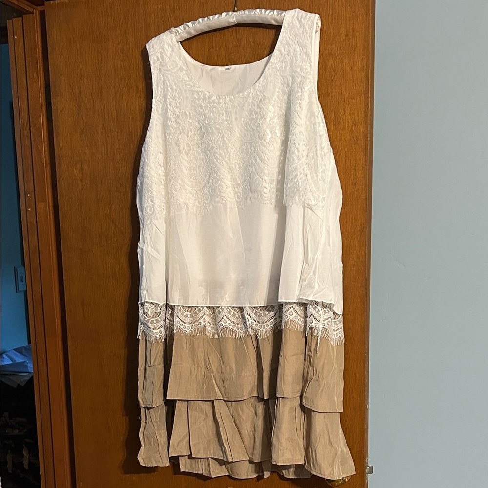 White and Tan Sleeveless Dress with Lace Details